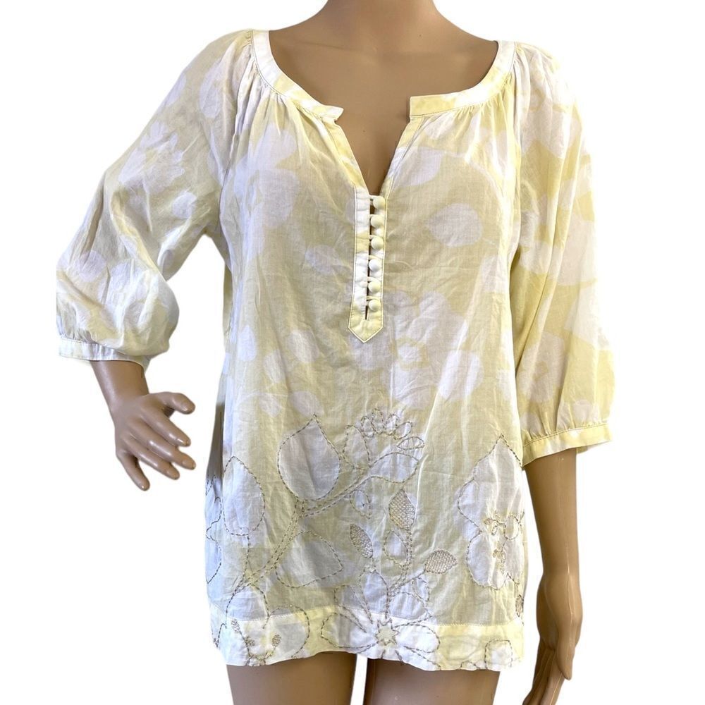 CaBi  Floral Light Yellow Band Waist Embroidered top VNeck Bottom Front Small